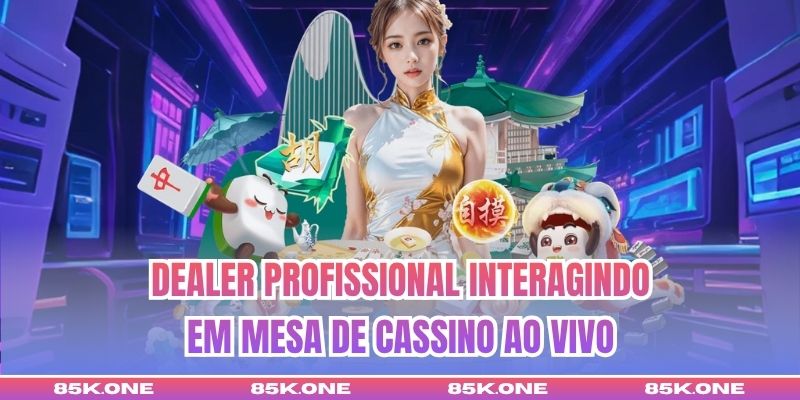 Dealer profissional interagindo em mesa de cassino ao vivo